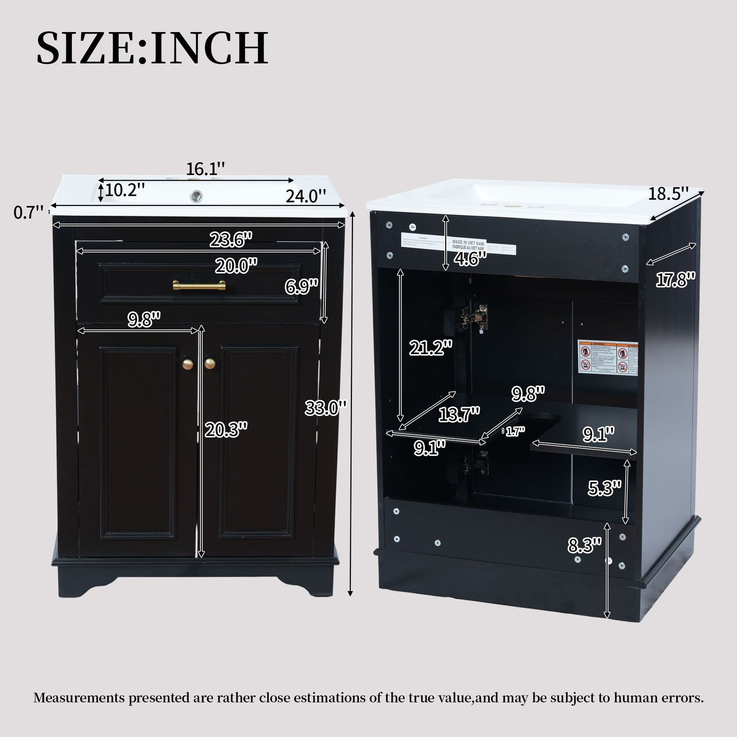 Bathroom Vanity With Integrated Sink, 2 Door Cabinet With Tip Out Drawer, Rectangular Design