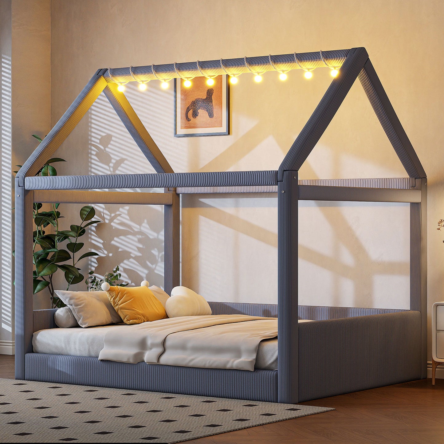 Upholstered House Style Daybed With LED Light Strips