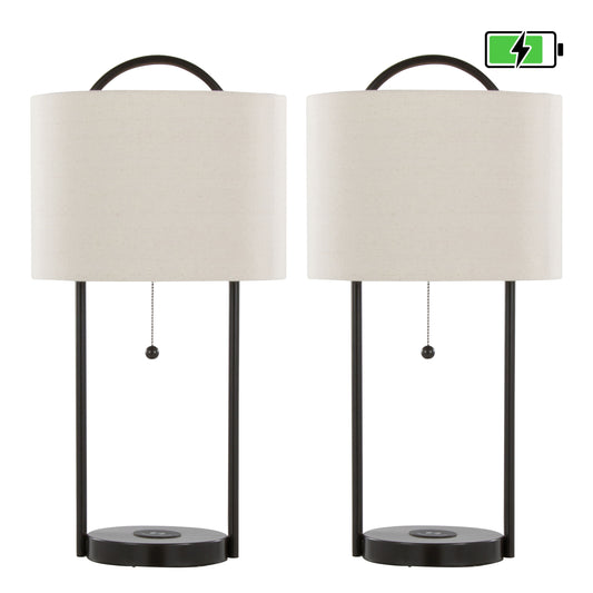 Porto - Contemporary Table Lamp With Wireless Charging (Set of 2) - Oil Bronze / Natural