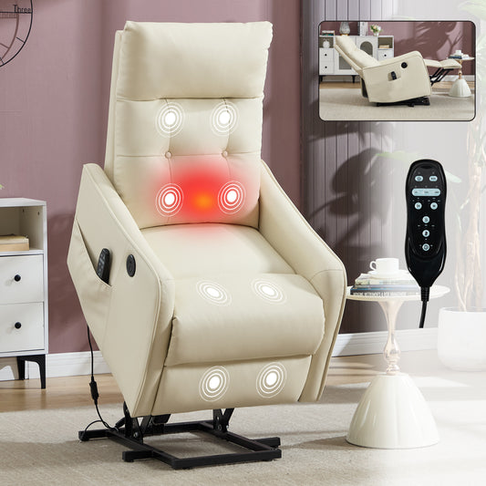 Beige PU Single Motor Power Lift Recliner Chair with Massage and Heat for Elderly, Heavy Duty Motion Mechanism and One USB for Charging, Max Reclining Angle 155°