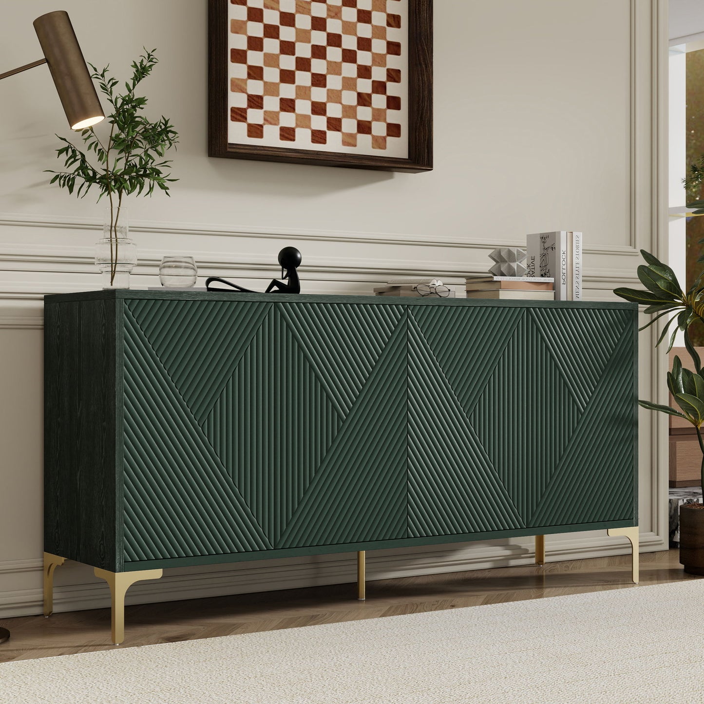 Modern Wood Sideboard Cabinet With Carved Door Panels, Adjustable Shelves, And Sturdy Metal Legs