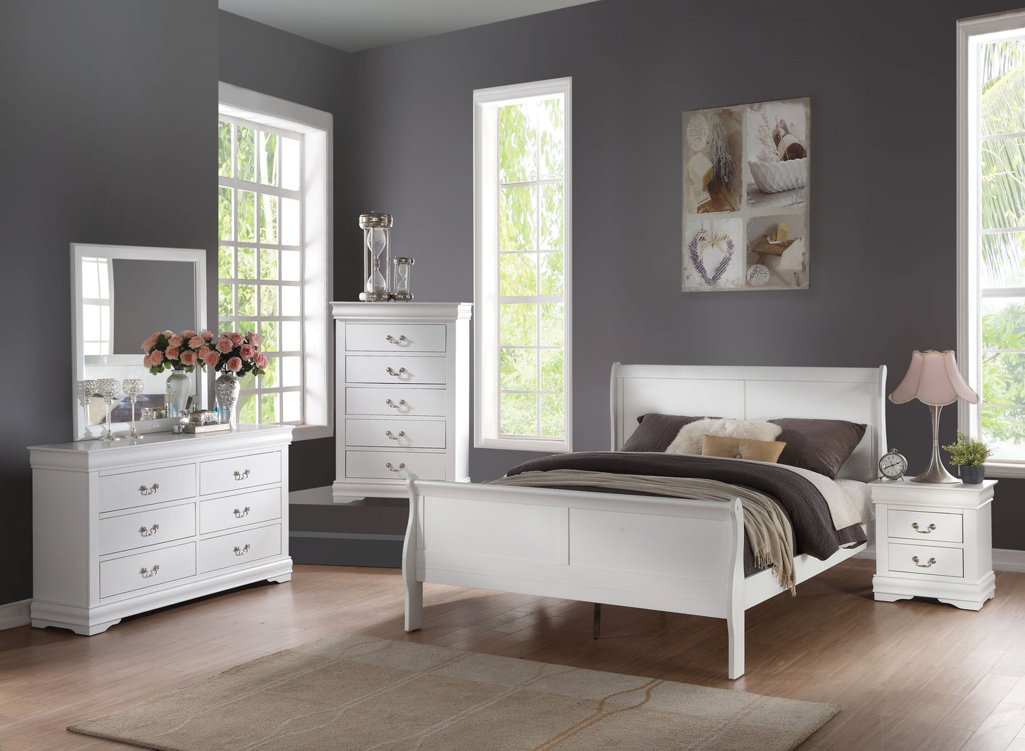 Louis Philippe White Finish 4 PCS Bedroom Set (E. King)