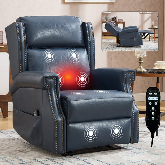 Blue Manual Recliner Chair in Faux Leather for Living Room with Heavy Duty Motion Mechanism, 8 vibrating nodes and 3 massage modes.