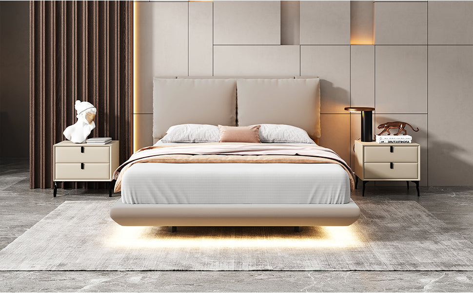 Full Size Upholstered Platform Bed with Sensor Light and 2 Large Backrests, Stylish Platform Bed with 2 sets of USB Port and Socket on each rear Bed Leg, Beige