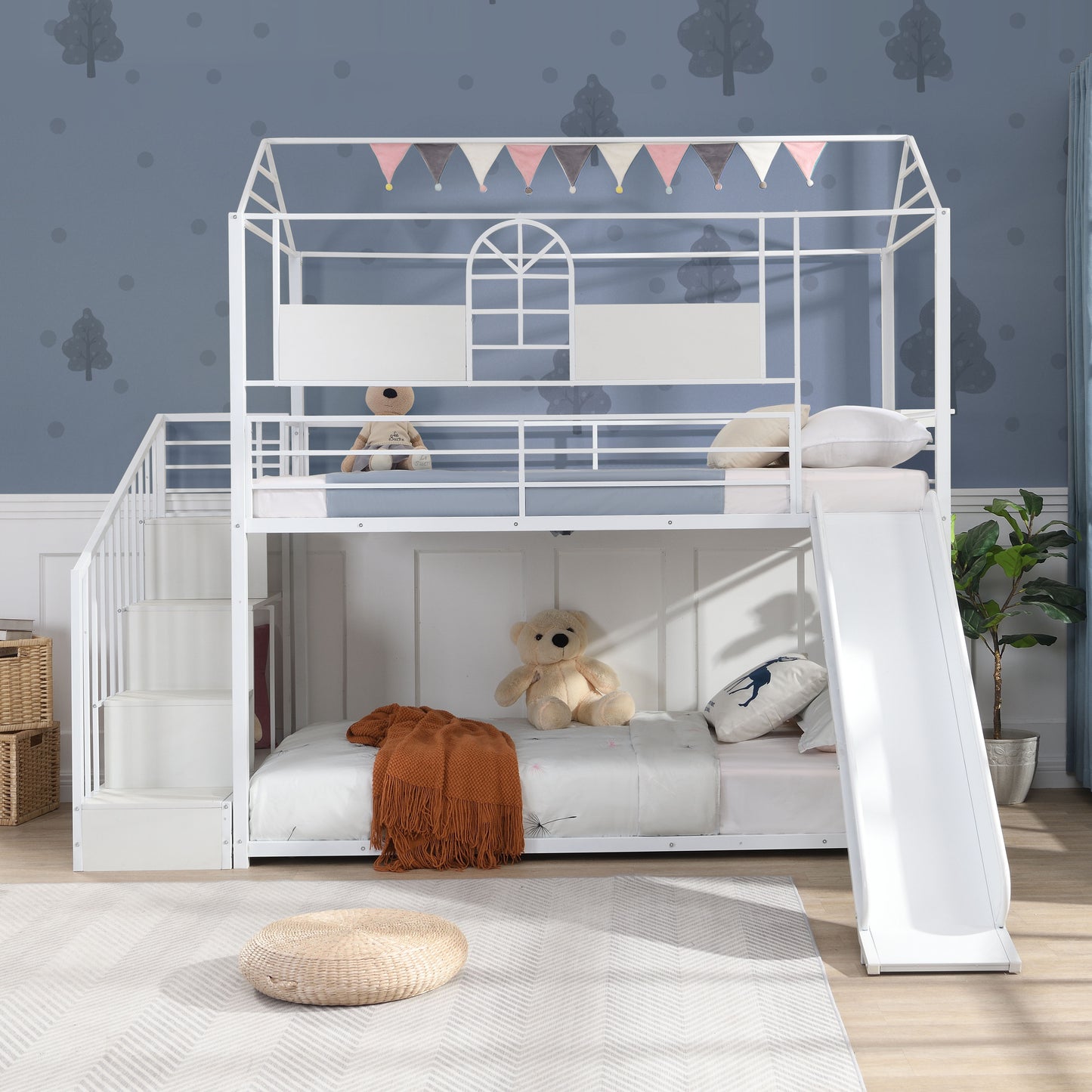 Twin Over Twin Metal Bunk Bed With Slide And Steps