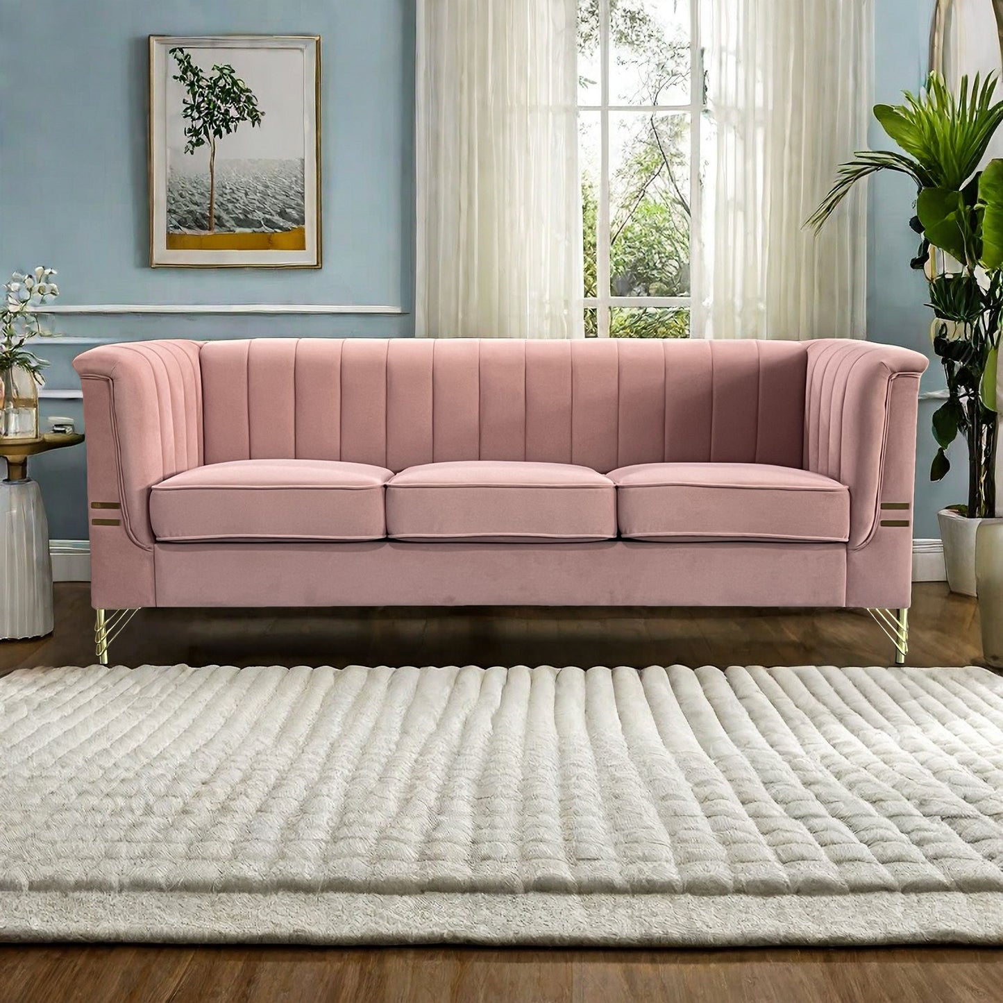 Modern Chenille Sofa, Upholstered Couch With Bolster Armrest, 3-Seat Sofa For Living Room, Bedroom, Office, Apartment, Dorm