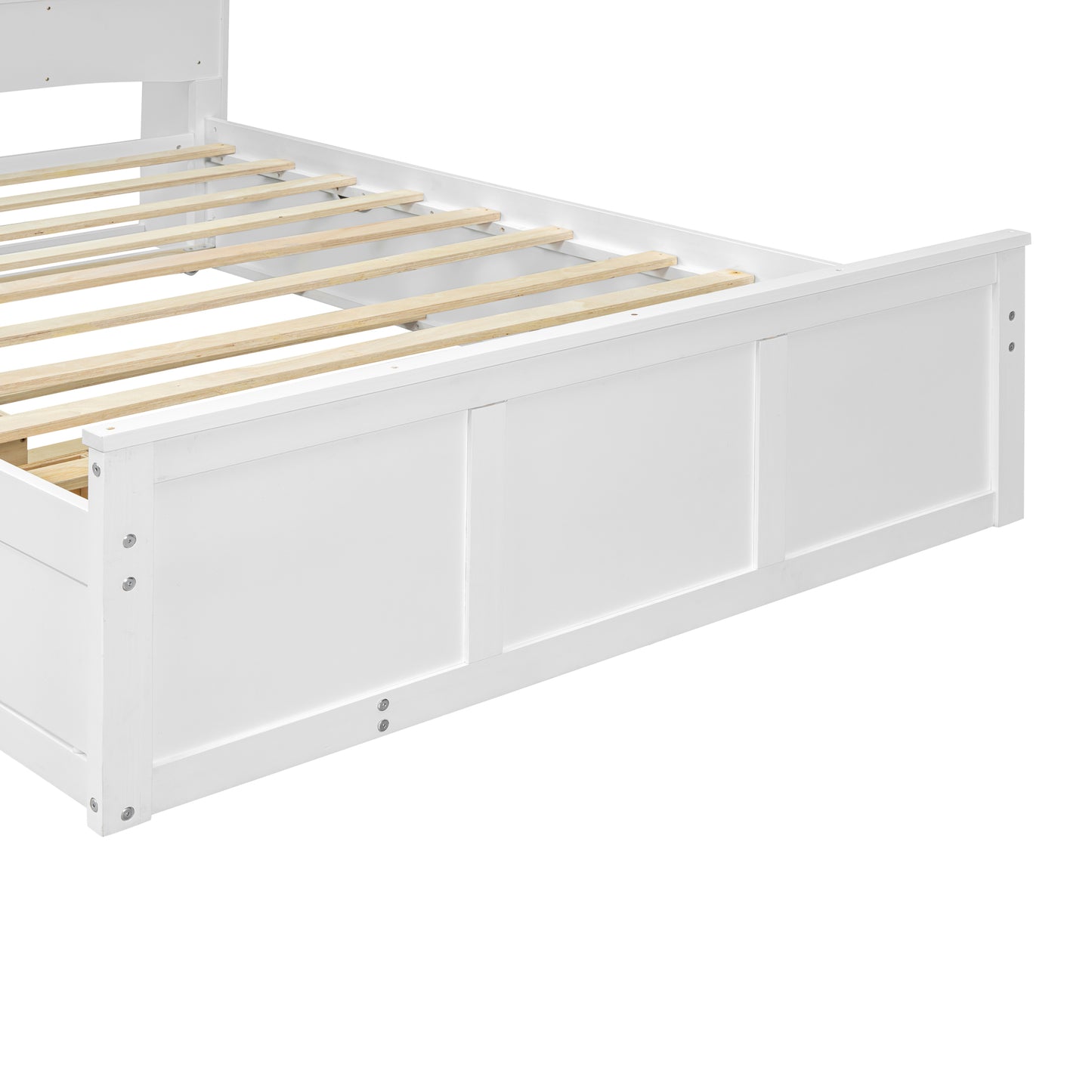 Full Size Wood Pltaform Bed with win Size Trundle, 3 Drawers, Upper Shelves and a set of USB Ports & Sockets, White