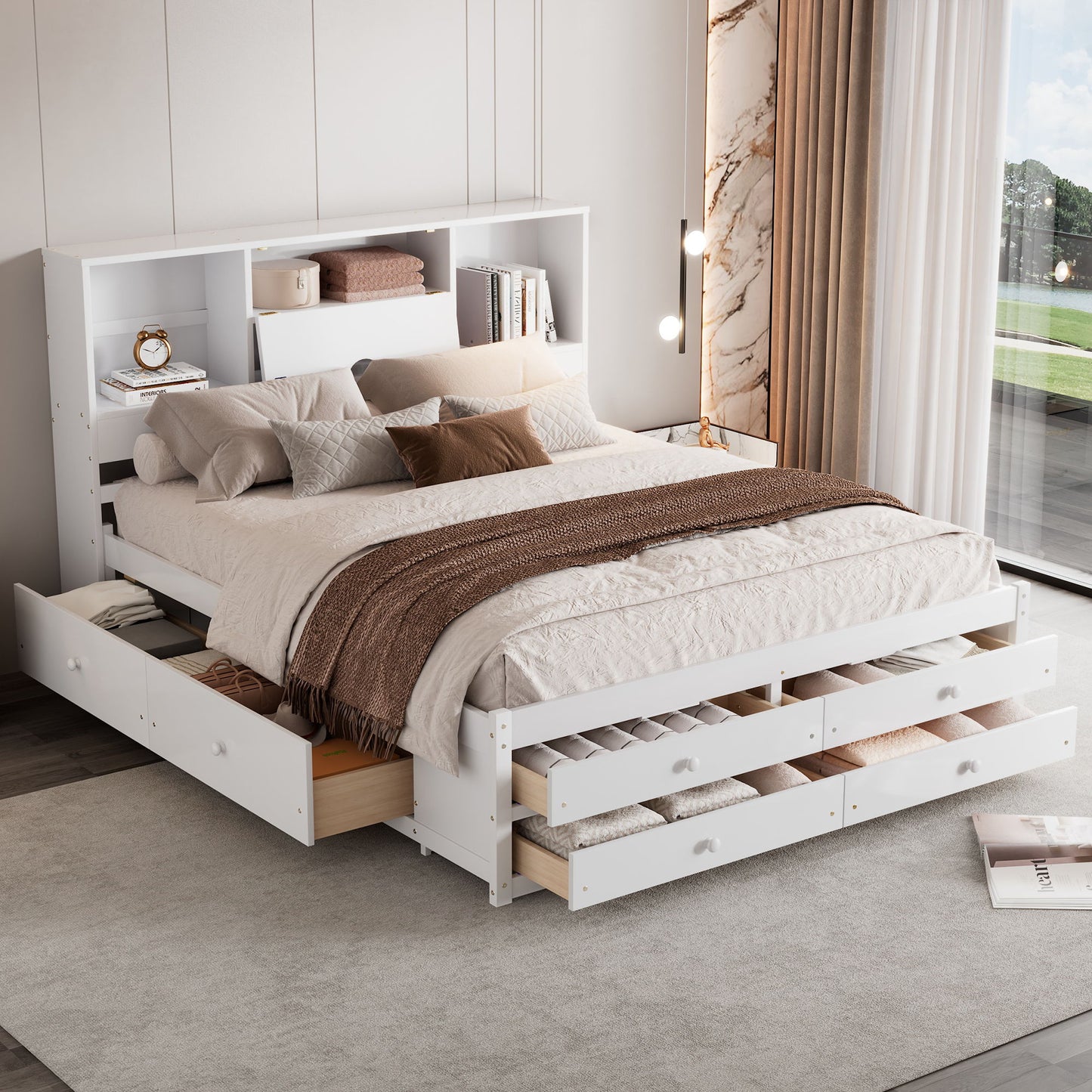 Platform Bed With Storage Headboard And 8 Drawers