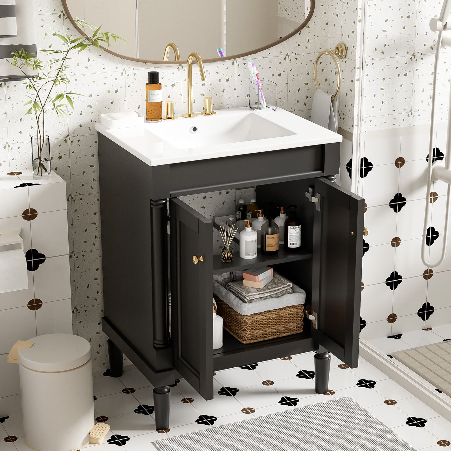 Bathroom Vanity With Top Sink, 2 Tier Storage Cabinet