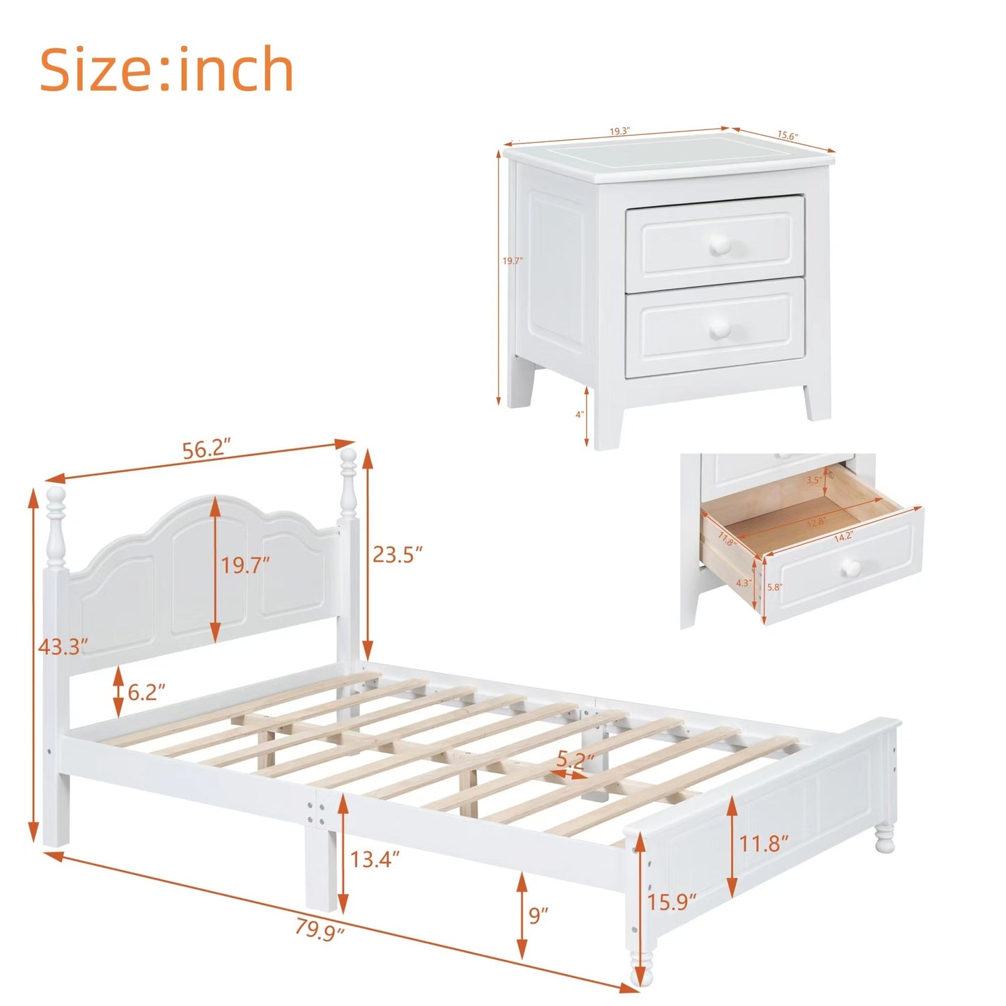 3-Pieces Bedroom Sets,Full Size Wood Platform Bed and Two Nightstands-White