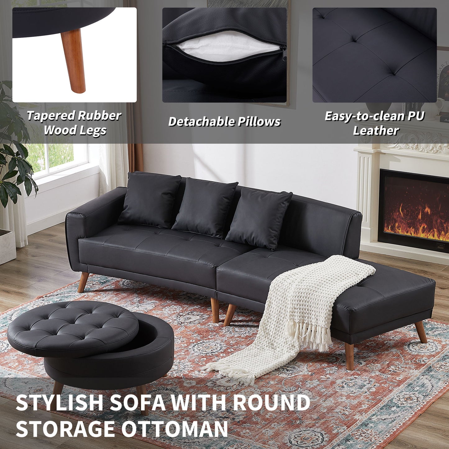 Contemporary Sofa Stylish Sofa Couch With A Round Storage Ottoman And Three Removable Pillows For Living Room