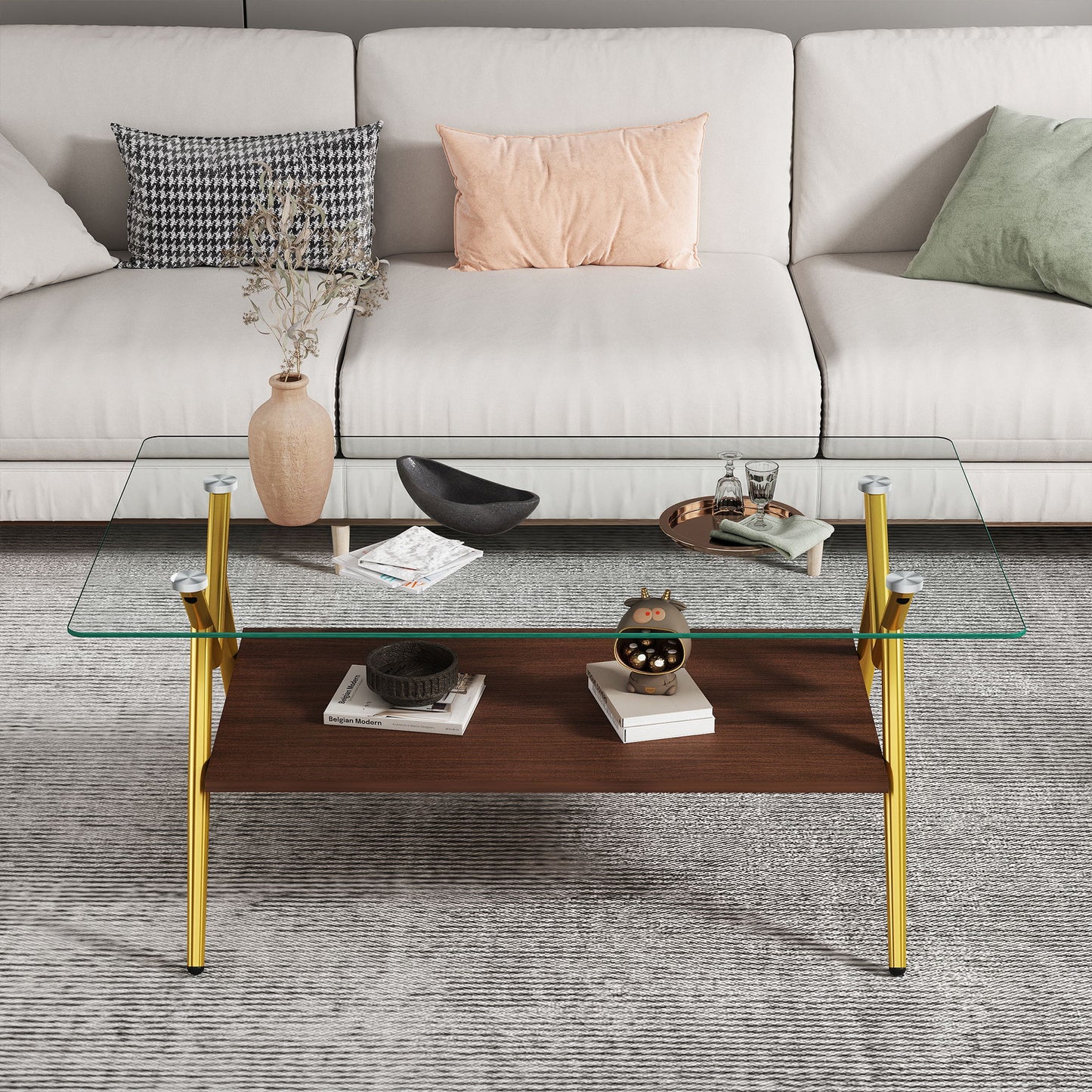 Rectangle Coffee Table With Tempered Glass Top And Shelf, Modern Table For Living Room