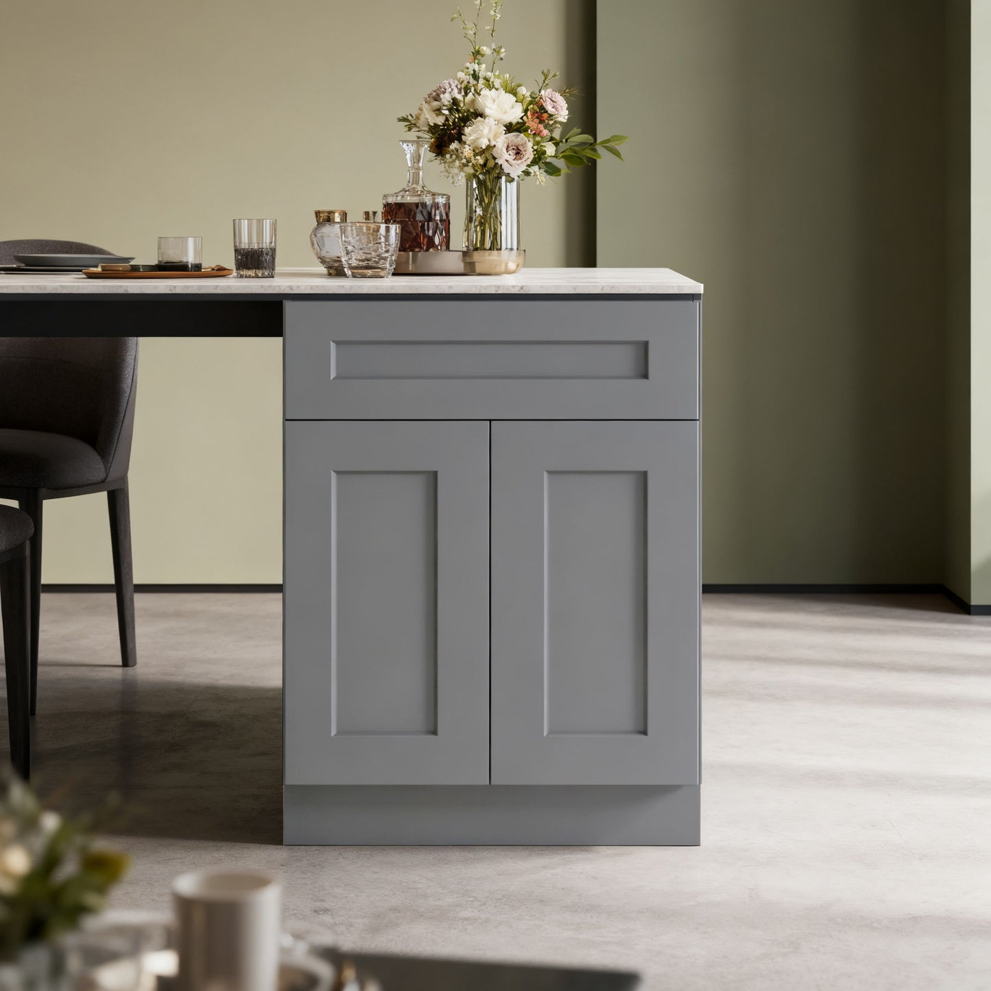 Shaker Base Cabinet With Soft Close Door And Drawer, Space Saving Unit - Gray
