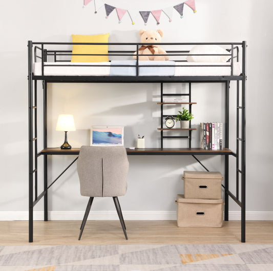 Metal Twin Loft Bed With Desk And Storage Shelves - Black