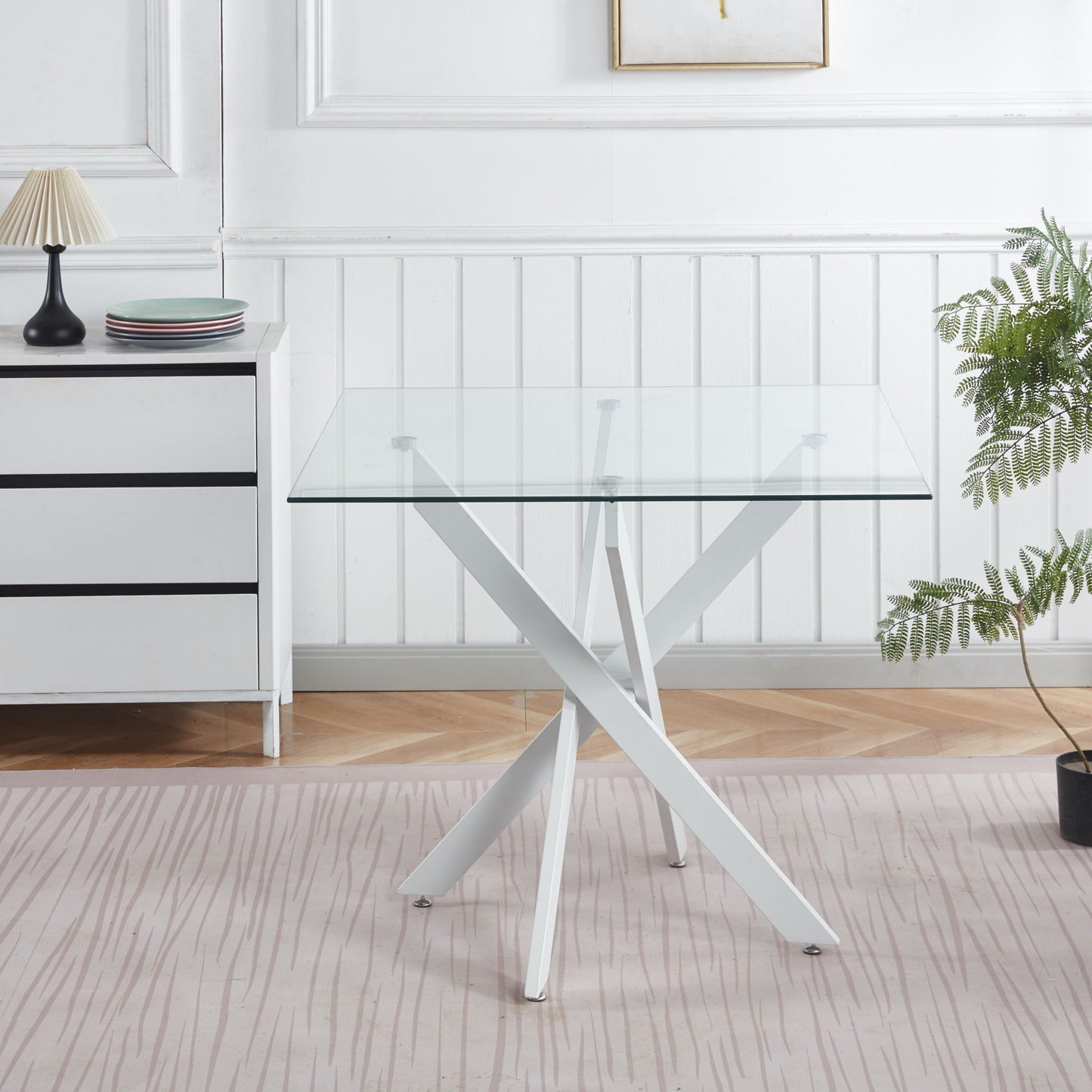 Dining Table With Cross Metal Leg And Tempered Glass, Modern Space Saving Kitchen Table For Living Room Legs, Square Table