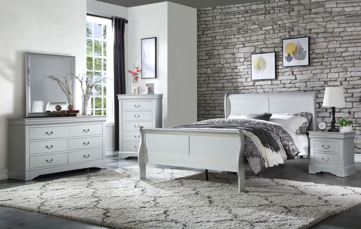 Louis Philippe Platinum Finish 5PCS Bedroom Set (E.King)