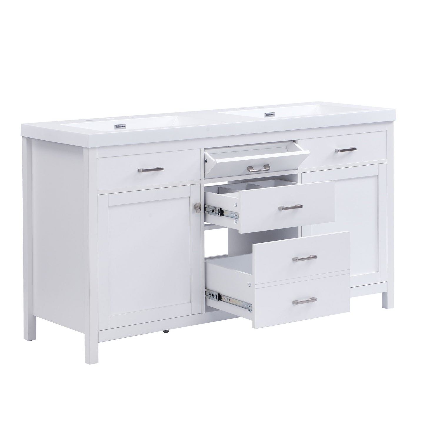 Double Sink Bathroom Vanity With Top, Soft Closing Doors & Drawers, Tip Out Drawer, 2 Cabinet Doors, Adjustable Shelf - White