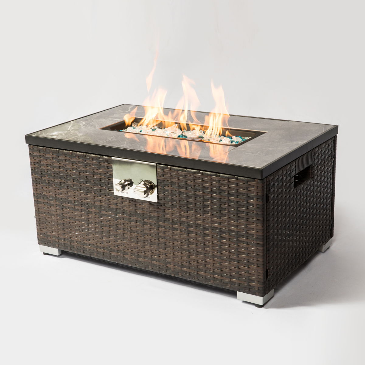 Outdoor Fire Table Propane Fire Pit Rattan Gas Fire Table, Gas Fire Table With Tile Tabletop - Brown