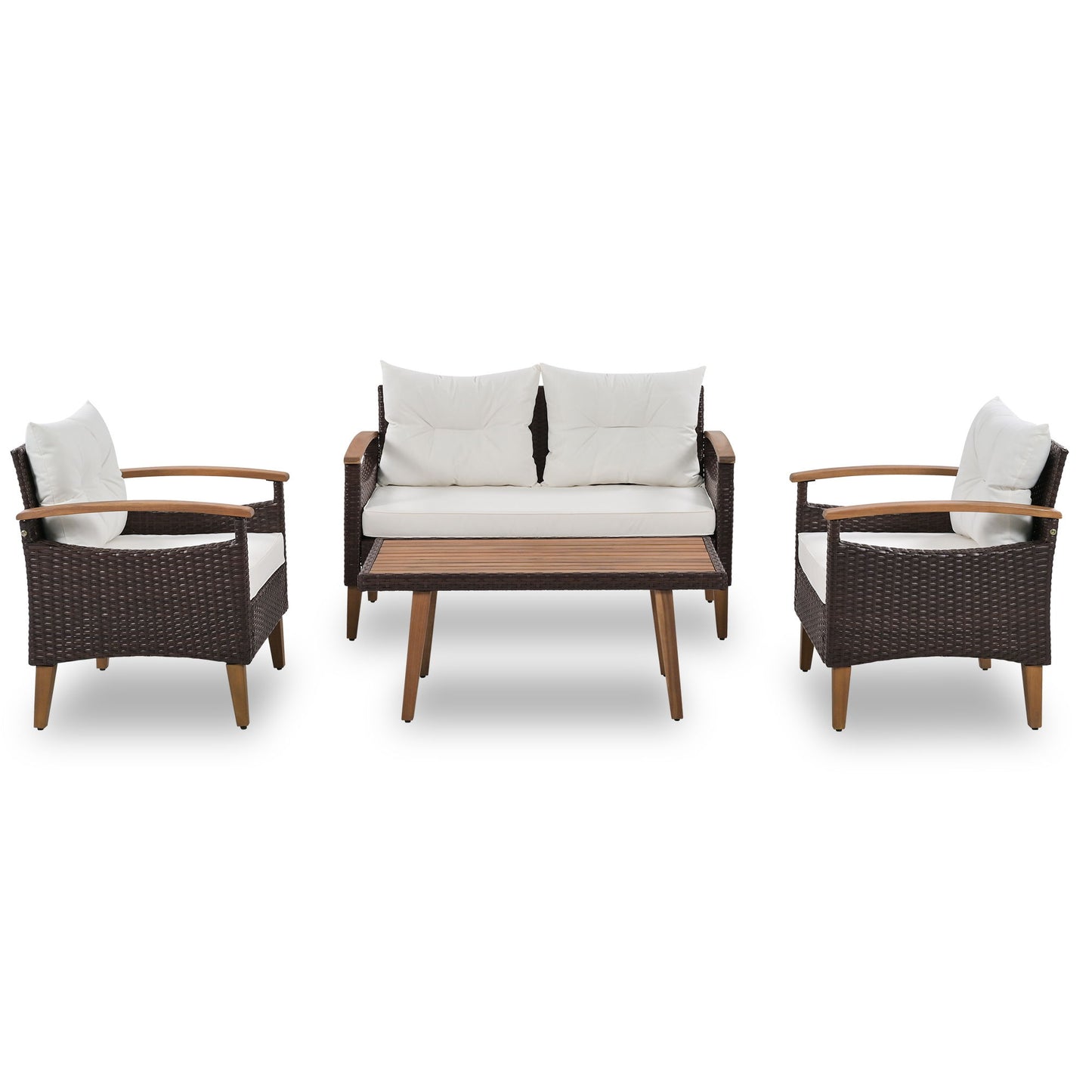 4 Piece Garden Furniture, Patio Seating Set, Outdoor Sofa Set, Wood Table And Legs - Brown / Beige