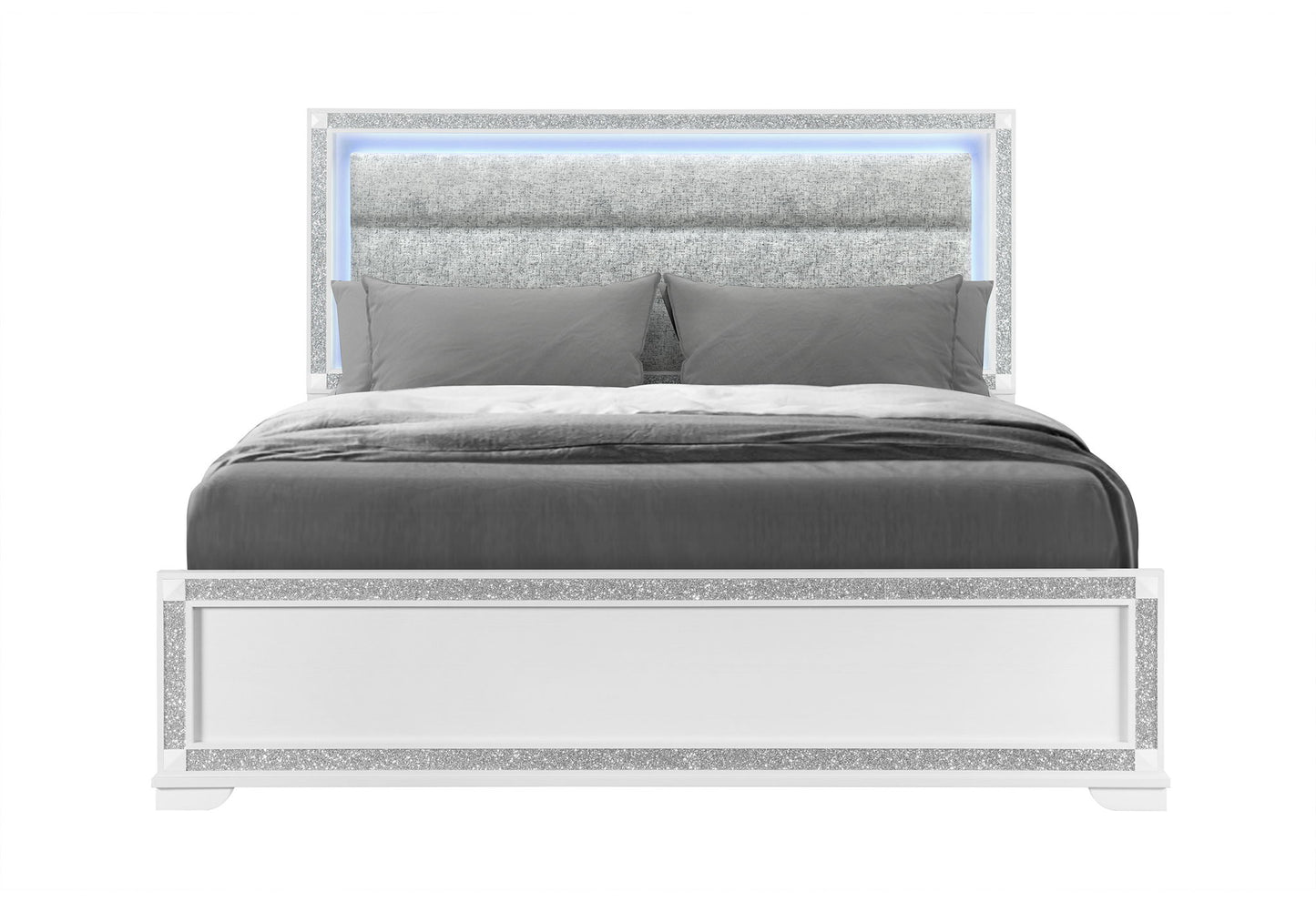 Soleil - King Bed Headboard With LED, Footboard And Slats - White