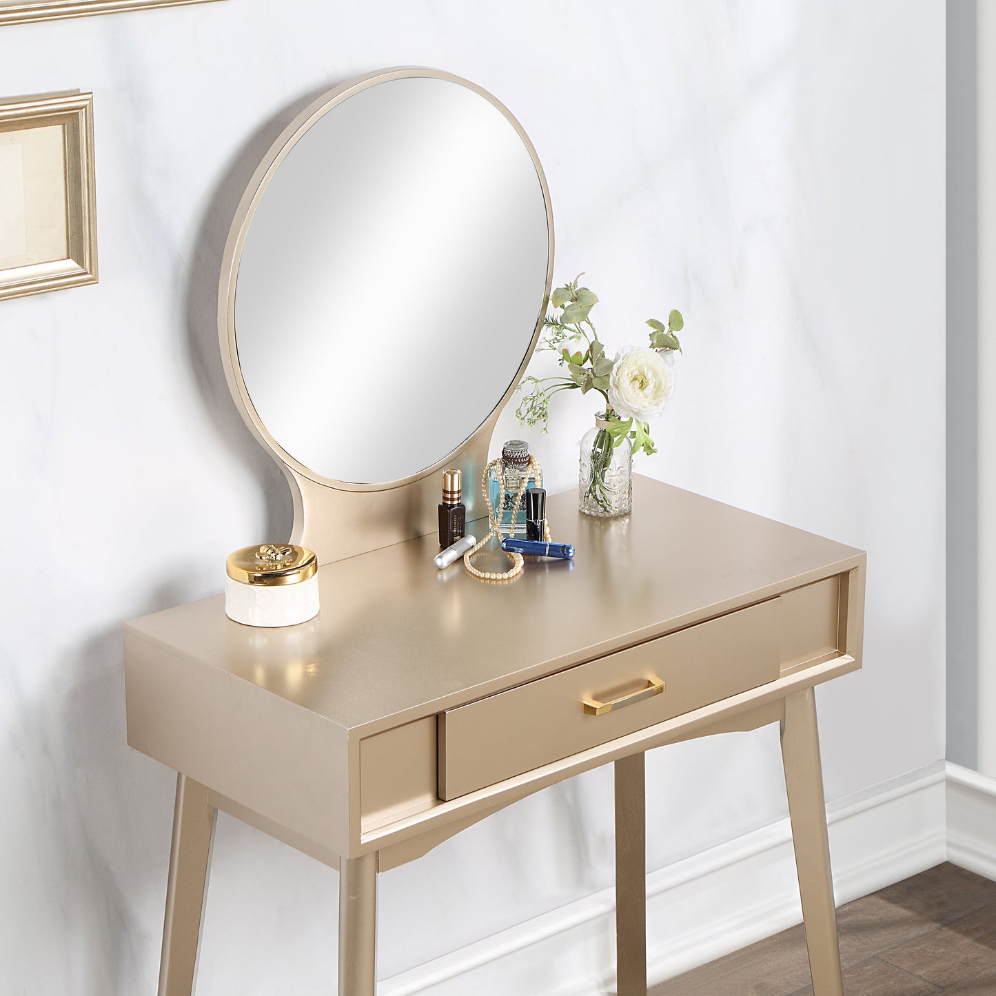 Maly - Contemporary Wood Vanity And Stool Set - Gold