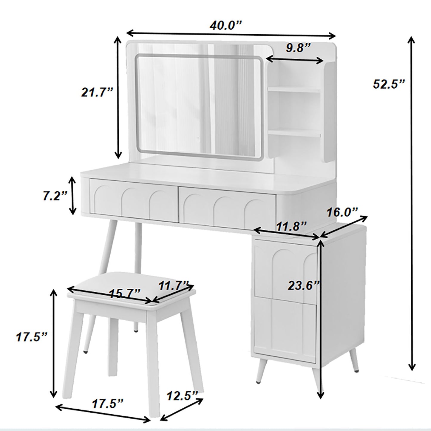 Modern Makeup Vanity Desk With LED Lights & Mirror 4 Drawer Dressing Table Set Space Saving For Bedroom - White