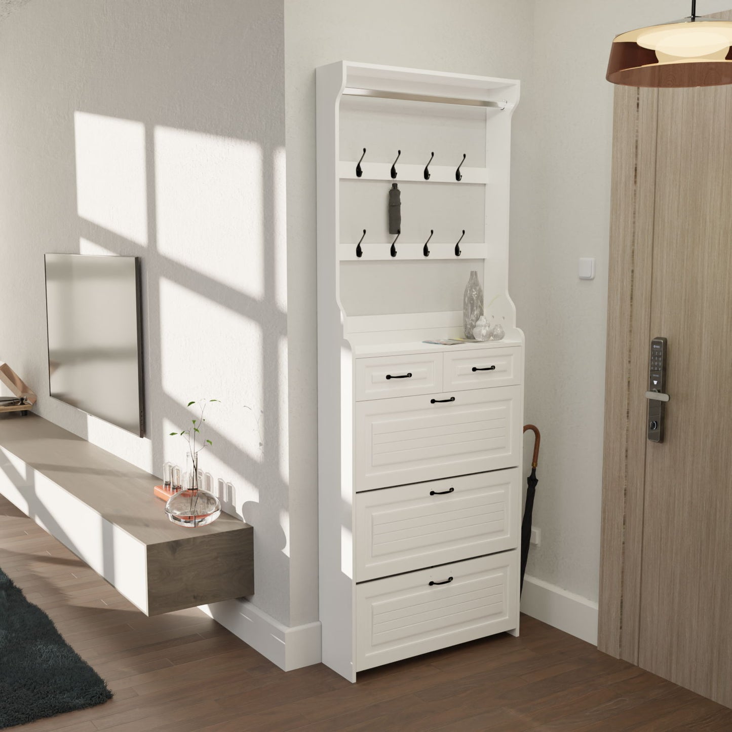 Shoe Cabinet With 3 Doors 2 Drawers With Hanger, Door With Shape, Large Space For Storage