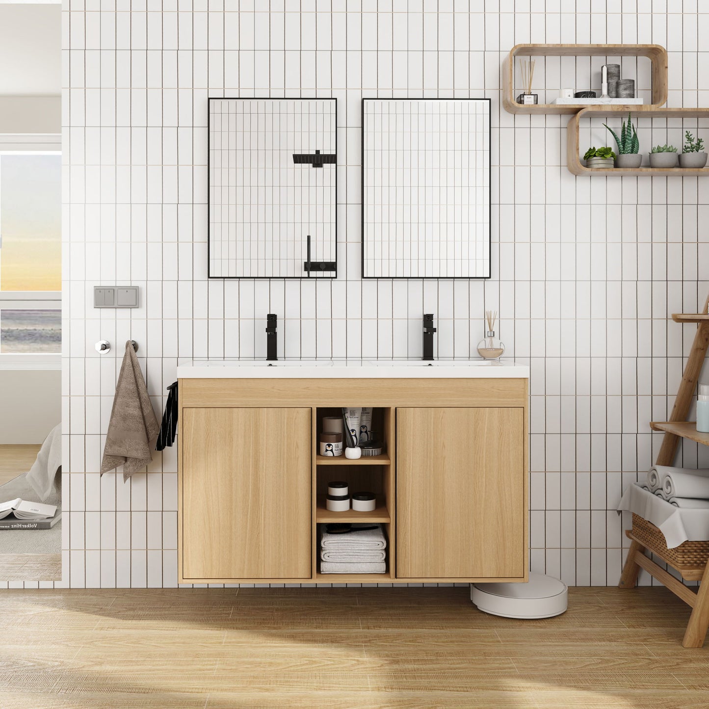 48" Freestanding Bathroom Vanity With Double Sink, 2 Soft Close Doors & 3 Open Shelves - Oak