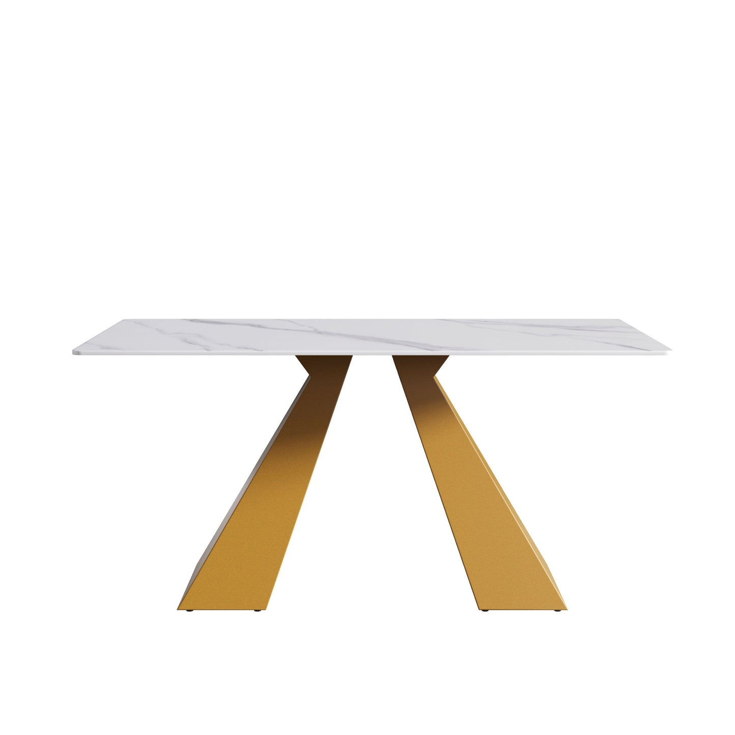 63" Modern Artificial Stone Straight Edge Golden Metal Leg Dining Table - White / Gold