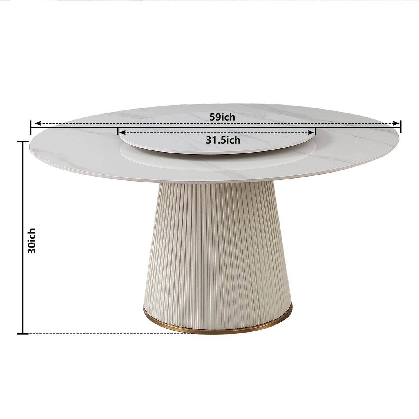 Modern Sintered Stone Dining Table With Turntable And Wood Metal Pedestal With 4 Chairs - Beige / White