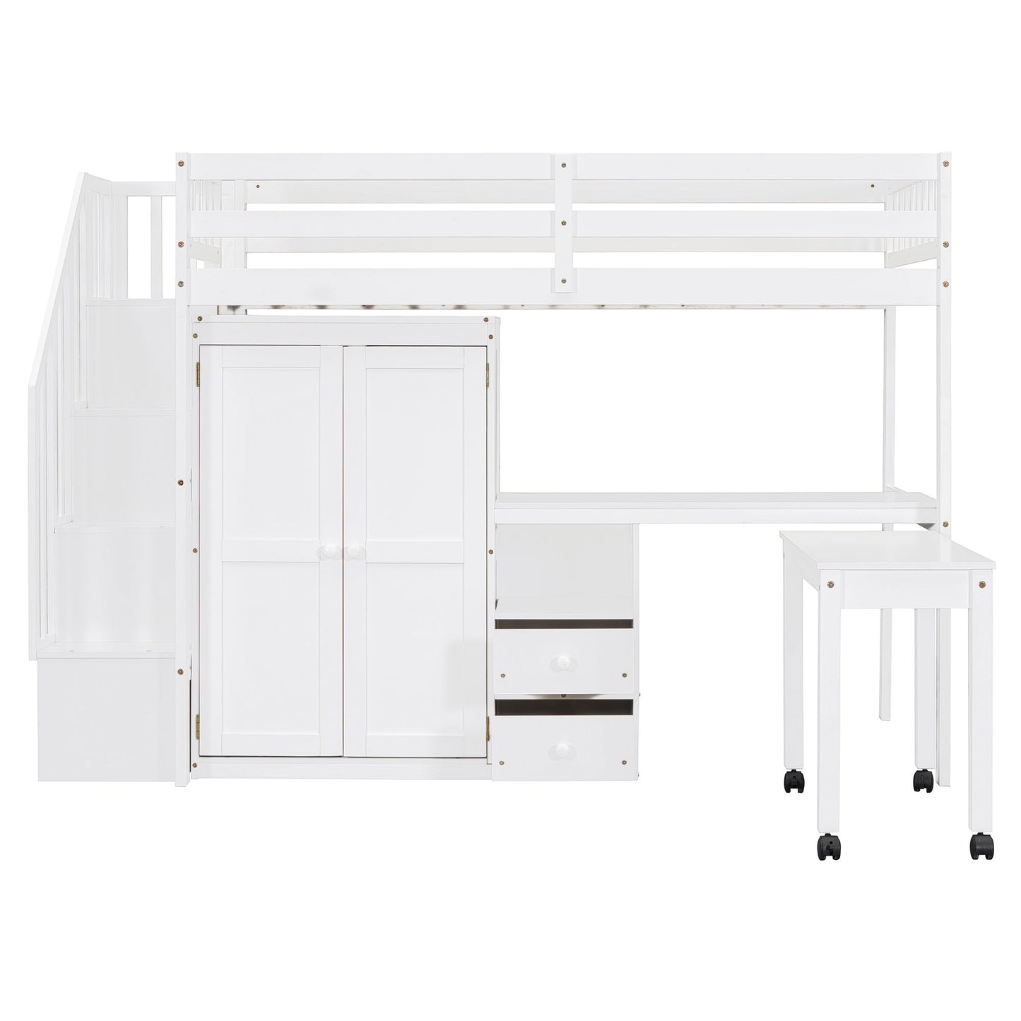 Loft Bed With Stairs, Bookshelf, Drawers, Desk & Wardrobe, Space Saving Multifunctional Furniture