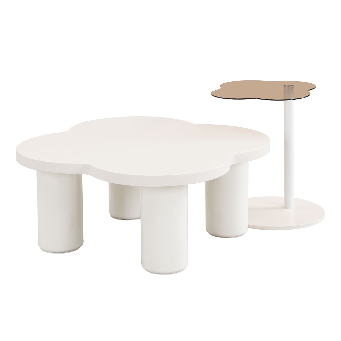 Modern Coffee Table (Set of 2), Irregular Shape Coffee Table With Four Roman Column Legs And End Table With Glass Top For Living Room - White
