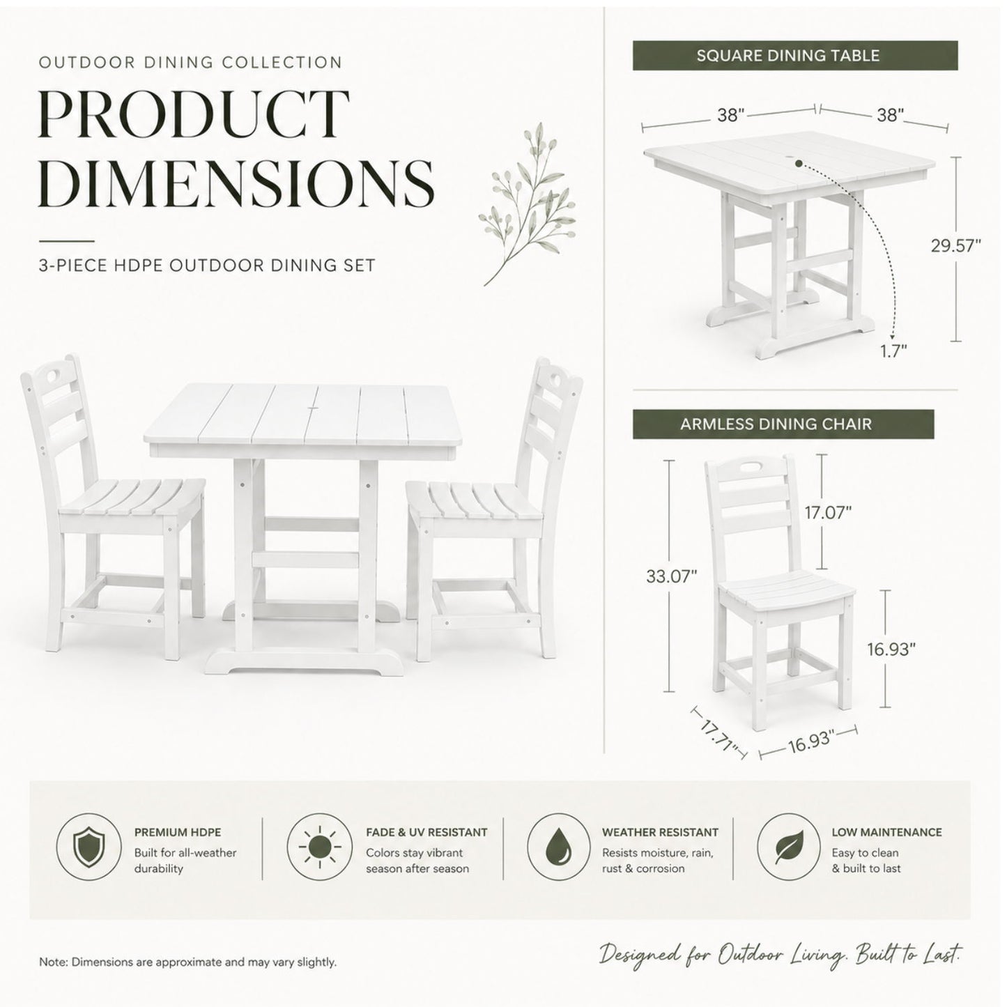Outdoor Patio Dining Set, Square Table With Umbrella Hole And Armless Chairs