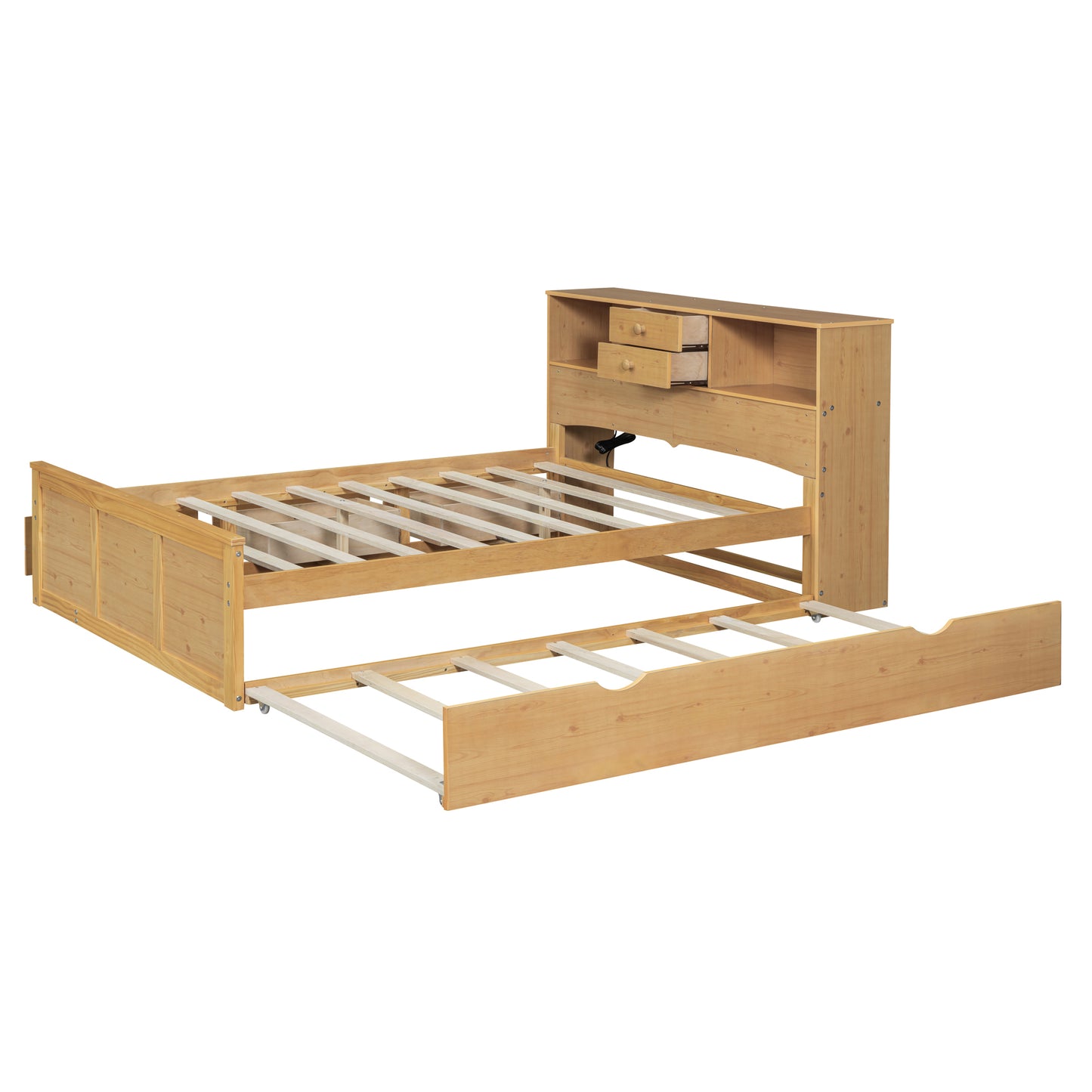 Full Size Wood Pltaform Bed with Twin Size Trundle, 3 Drawers, Upper Shelves and a set of USB Ports & Sockets, Natural