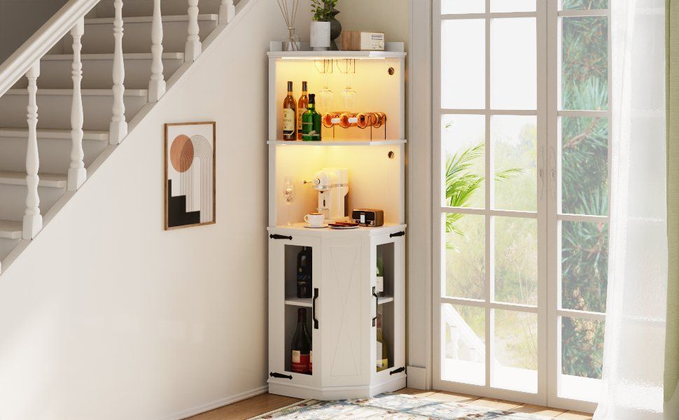 Corner Bar Cabinet With Power Outlet, Farmhouse Wine Bar Cabinet With Adjustable Shelves For Home, With Lights & Glass Rack For Dining Room, Living Room, Kitchen - White