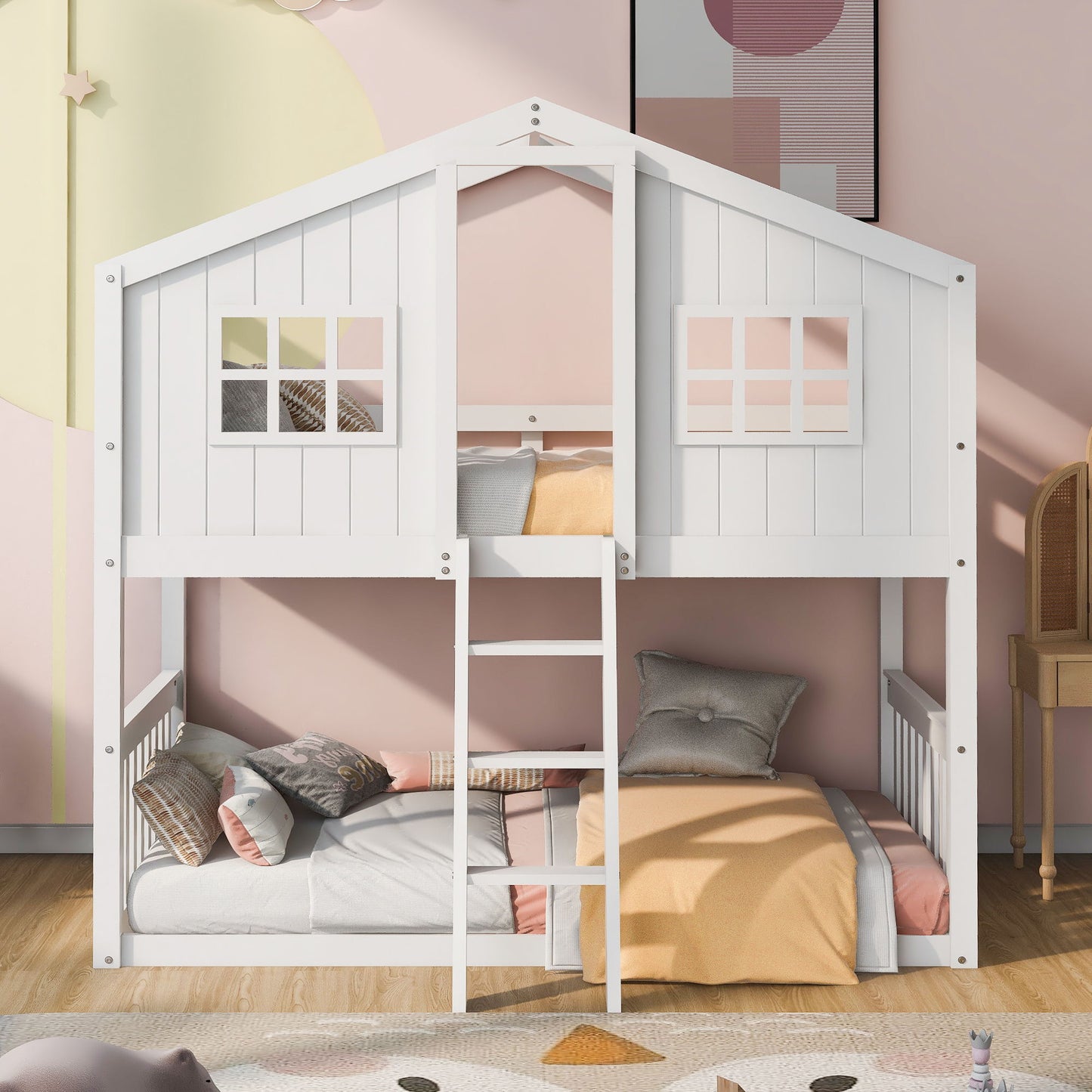 Twin Over Twin House Bunk Bed With Ladder, Wood Bed