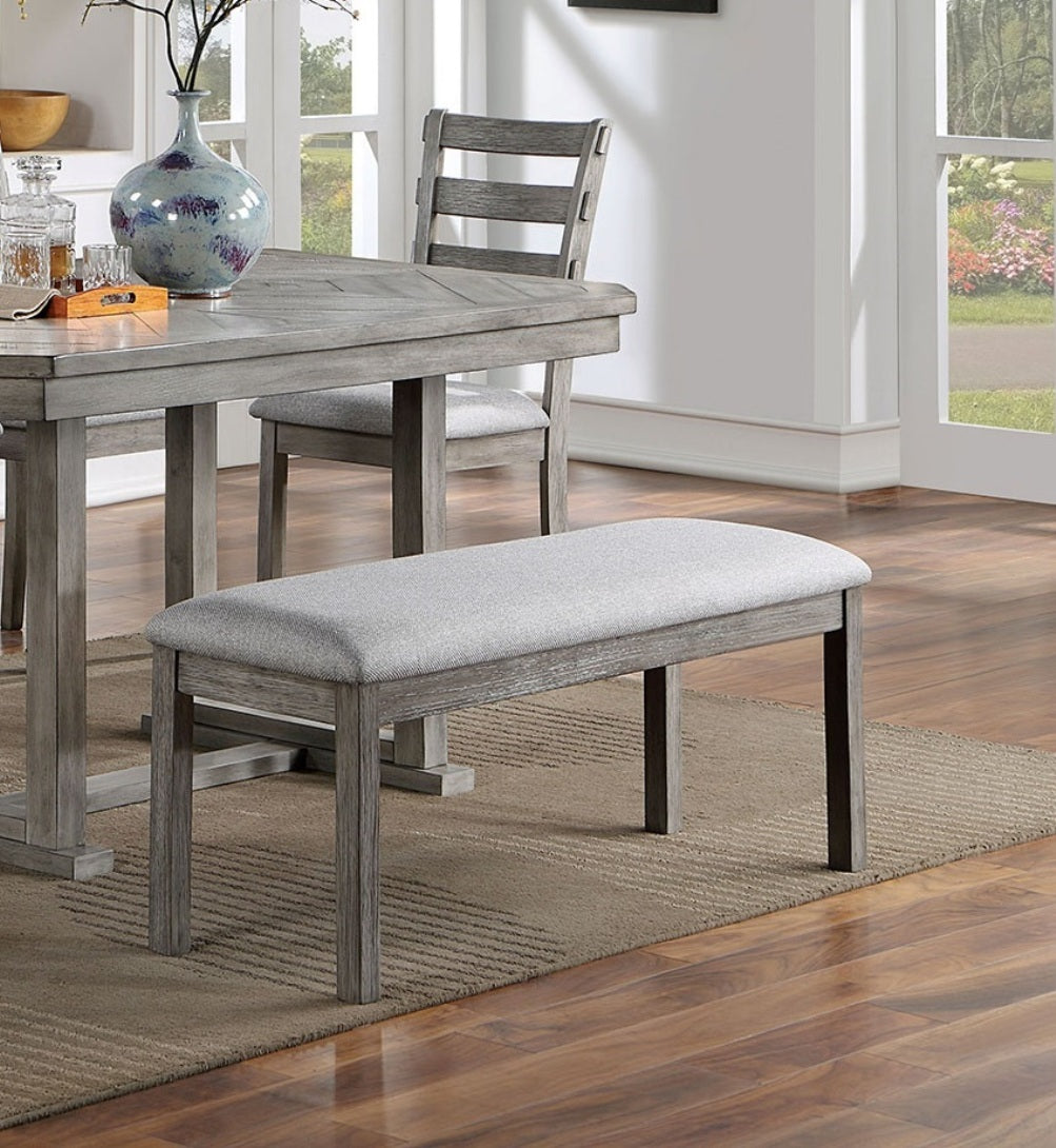 Dining Table 4x Side Chairs Bench 6pcs Dining Set Grey Finish Dining Room Furniture Fabric Seat Rustic Style