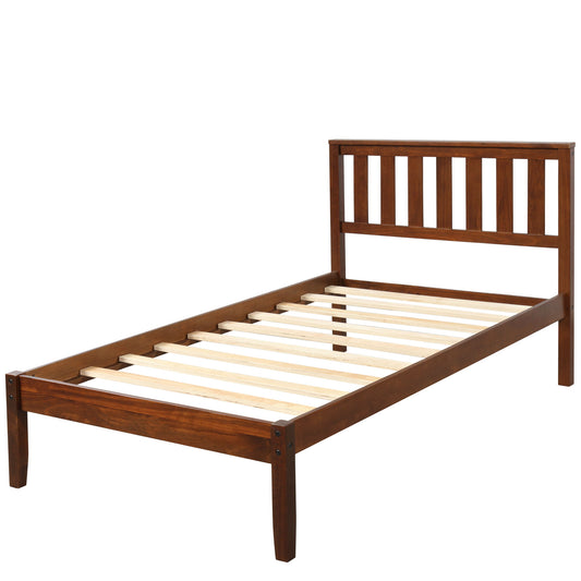 Twin Platform Bed With Headboard, Slat Support - Walnut