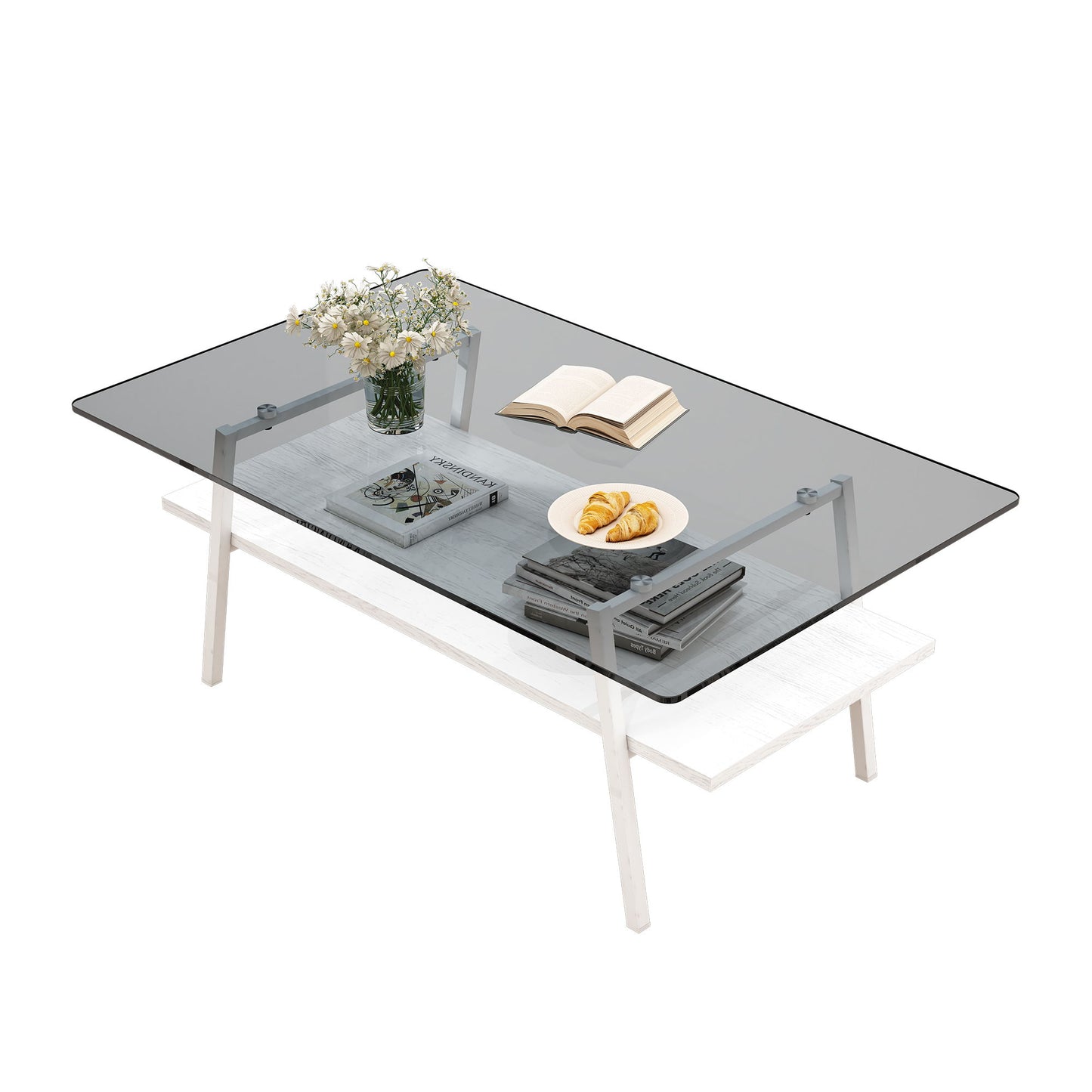 Rectangle Coffee Table, Tempered Glass Tabletop With Metal Legs