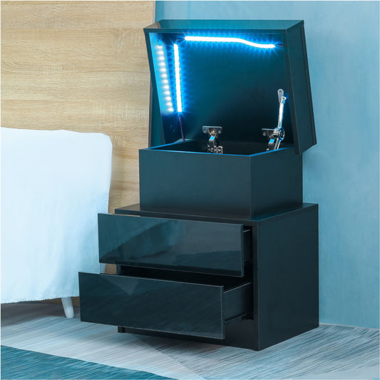 Nightstand With LED Lights Wood LED Bedside Table Nightstand With 2 High Gloss Drawers For Bedroom