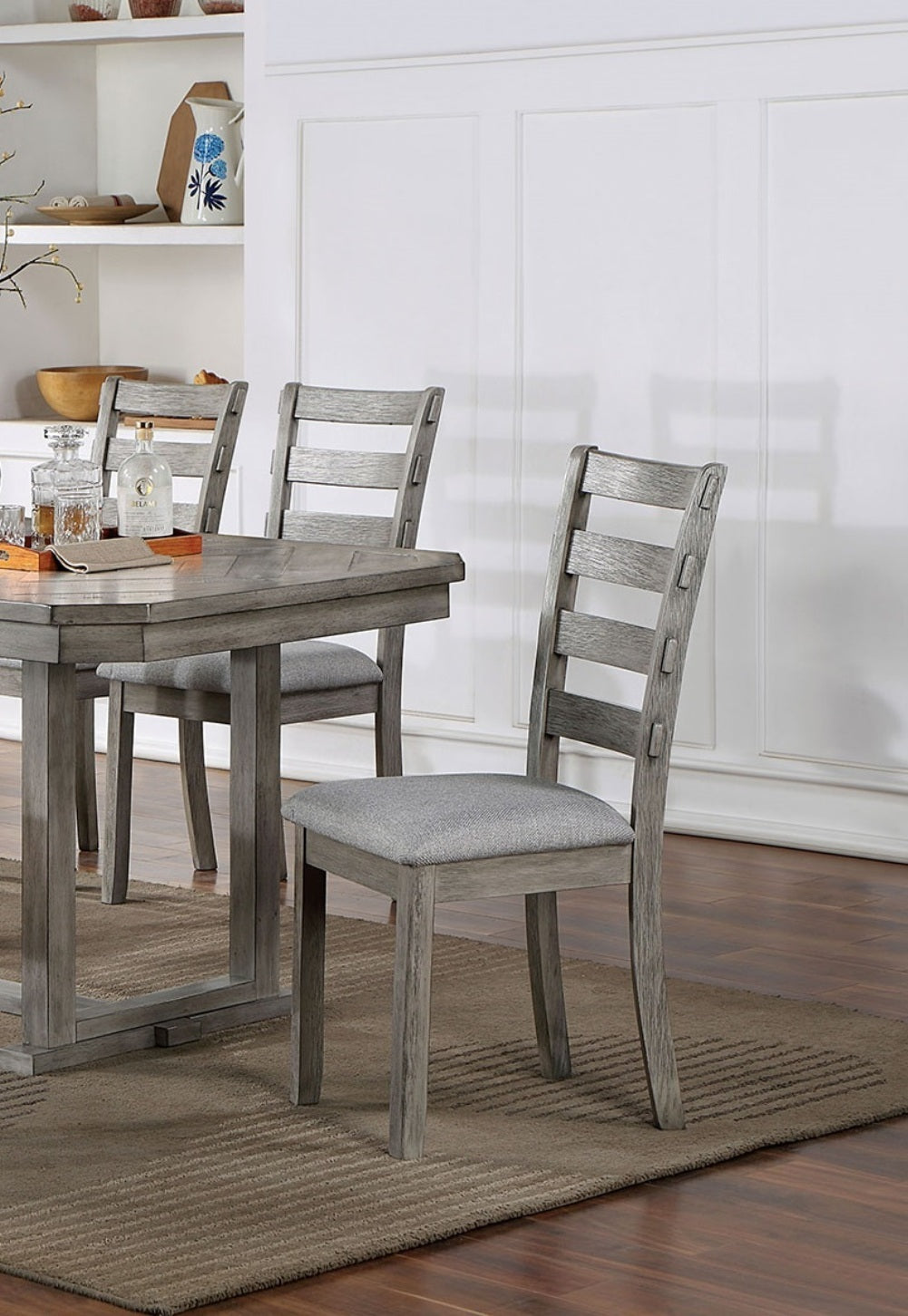 Dining Table 4x Side Chairs Bench 6pcs Dining Set Grey Finish Dining Room Furniture Fabric Seat Rustic Style