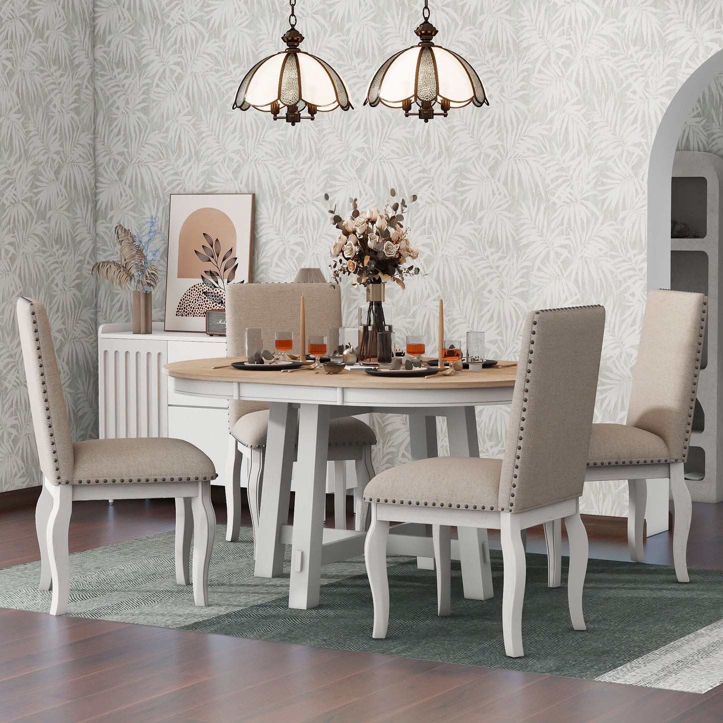 TREXM 5-Piece Farmhouse Dining Table Set Wood Round Extendable Dining Table and 4 Upholstered Dining Chairs (Oak Natural Wood + Antique White)