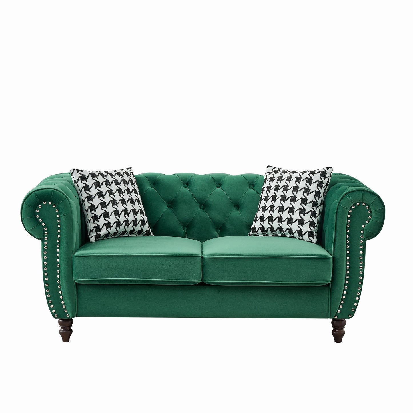 Chesterfield Velvet Fabric Sofa With Roll Armrest And Nailhead, Mid Century 2 Seater Couch