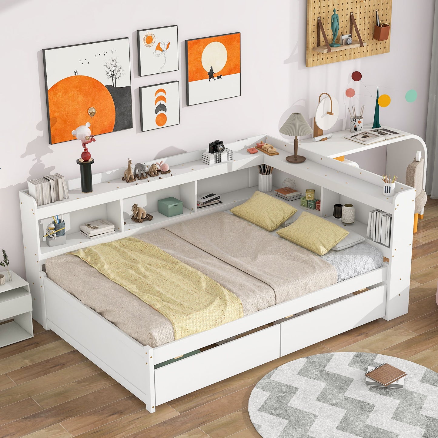 Full Bed With L-Shaped Bookcases, Drawers