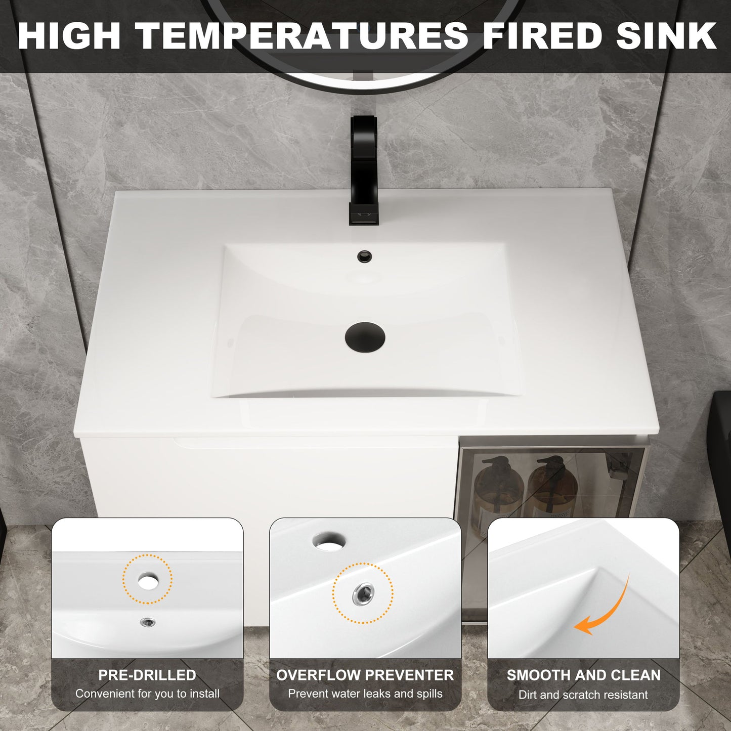 Wall Mounted Bathroom Vanity With Sink, 2 Soft Close Doors, Cabinet & Half Door