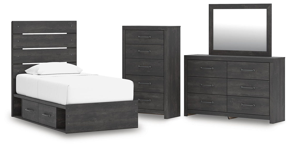 Hollivern - 4 Pc. - Twin Panel Storage Bed, Dresser, Mirror And Chest - Dark Gray
