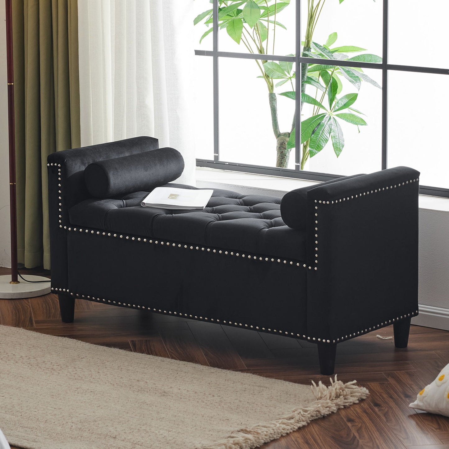 Queen Velvet Button Bedside Storage Bench With Armrests, Nailhead Trim