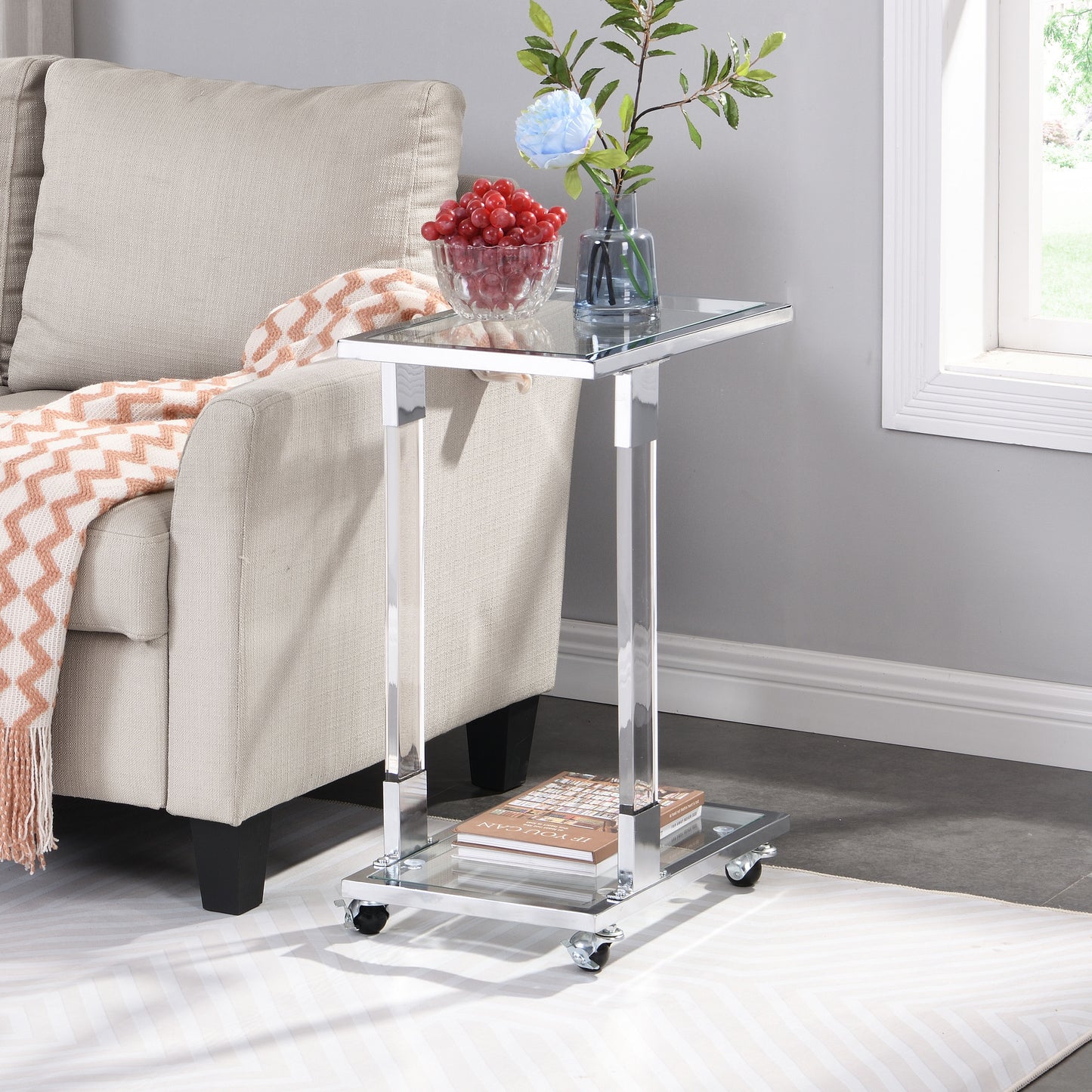 Side Table, Sofa Table, Glass Top C Shape Square Table With Metal Base For Living Room, Bedroom, Balcony Home And Office