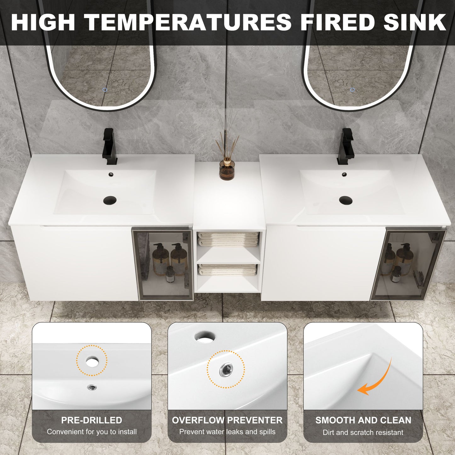 Wall Mounted Bathroom Vanity With Sink, Soft Close Doors, Cabinet & Half Door