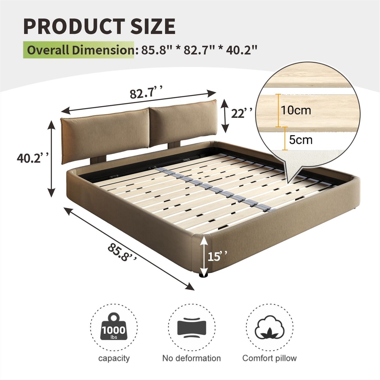 Cloud Bed Frame With Oversized Padded Movable Headboard